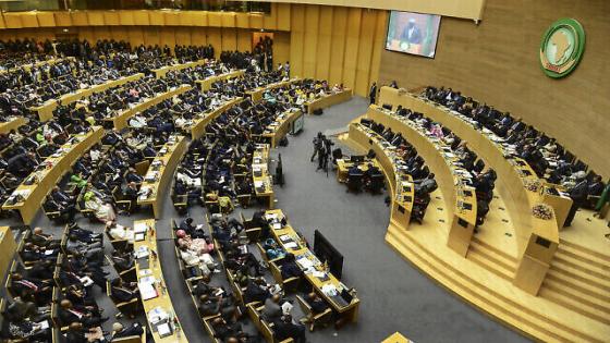 Delegates attend the opening session of the 33rd African Union (AU) Summit at the AU headquarters in Addis Ababa, Ethiopia Sunday, Feb. 9, 2020. Topics on the table for discussion included the situations in Libya and Sudan, as well as President Donald Trump's Middle East initiative. (AP Photo)