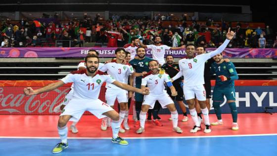 KLAIPEDA, LITHUANIA - SEPTEMBER 19: Players of Morocco pose for a photo as they celebrate after the FIFA Futsal World Cup 2021 group C match between Portugal and Morocco at Klaipeda Arena on September 19, 2021 in Klaipeda, Lithuania. (Photo by Tullio Puglia - FIFA/FIFA via Getty Images)